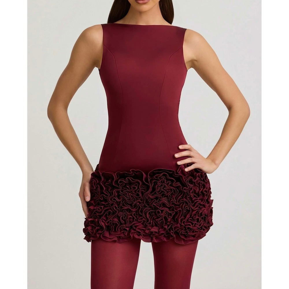 Oh Polly Burgundy‎ Ruffle Hem Mini Dress Open Back Sleeveless Wine Red US 8 New